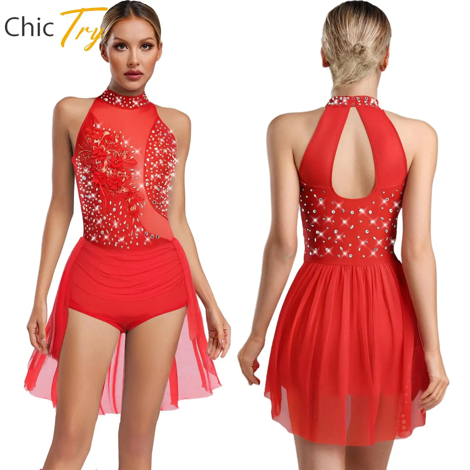 

Figure Skating Dress for Womens Performance Costumes Rhinestone Applique Sleeveless Ballet Latin Dance Dress Gymnastics Leotard