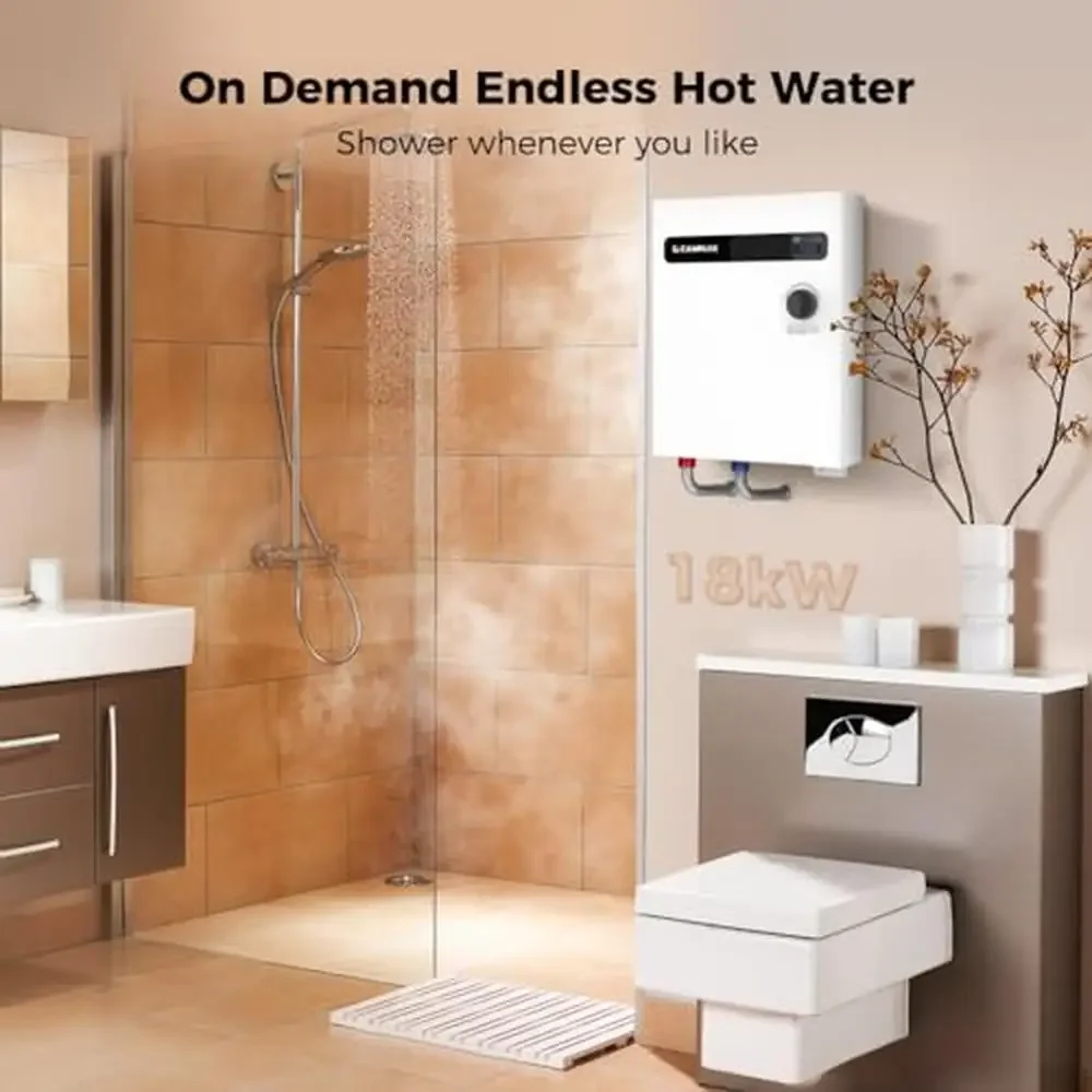 Electric Tankless Water Heater 18kW 240V On Demand Hot Water Fast Heating Efficiency Safety Protection Easy Installation Space