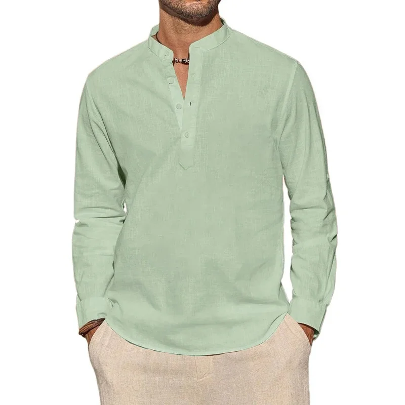 メンズ長袖Tシャツ カジュアル 軽量 通気性 ヘンリーネック 無地 トップス ハワイアン バケーション ビーチスタイル ボタンポロ