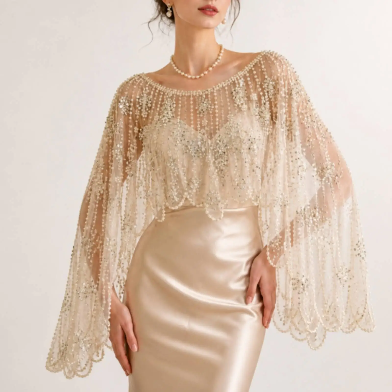Ladies Sheer Mesh Floral Capelet with Sequins Beads for Wedding Party Outerwear Cover Up