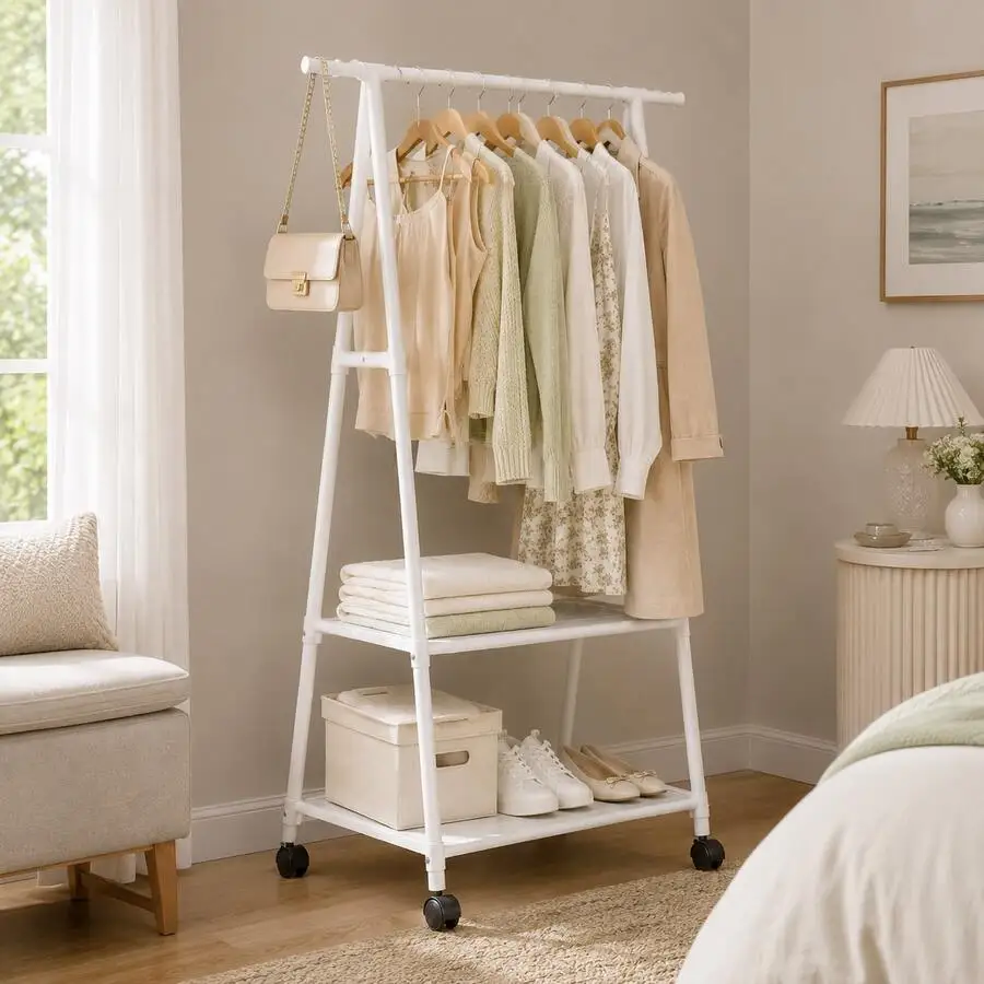 3-Tier Rolling Clothes Rack With Wheels, Heavy Duty Freestanding Garment Rack With Hanging Rail, Storage Shelves & Side Hooks, S