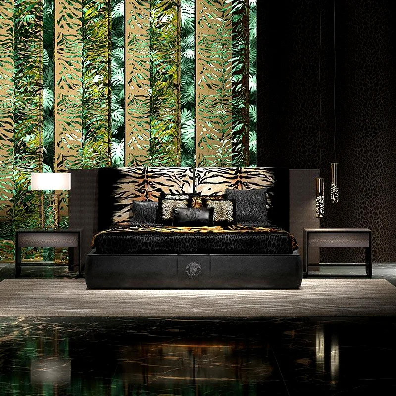 For Luxury Solid Wood Double Bed with Stainless Steel Titanium Plated Simulated Leather Gold Brushed Bedroom Furniture