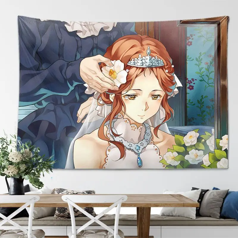 VIKAMA Anime Bride Flower Wall Tapestry Red Hair Tiara Crown White Blossom Wedding Veil Japanese Manga Cartoon Decor Fresh Style