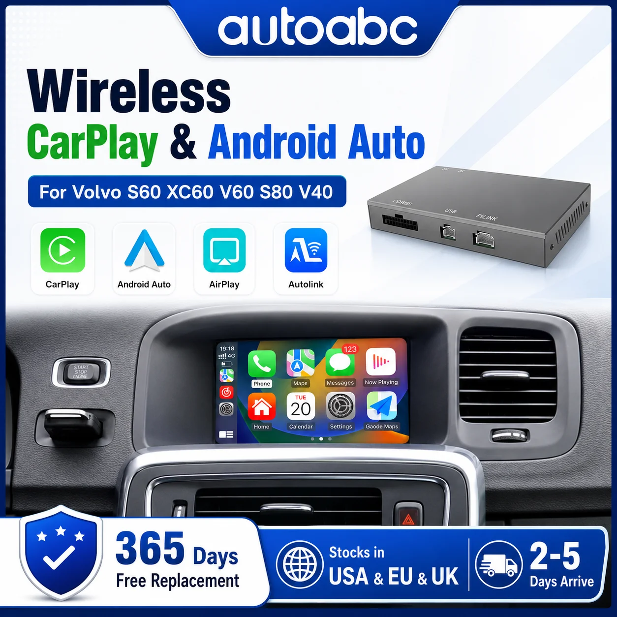Kabelloses CarPlay Android Auto für Volvo V40 2011-2018 XC60 S60L 7-Zoll-Interface mit Mirror Link AirPlay Car Play Rückfahrkamera Siri GPS Bluetooth Multimedia-Box