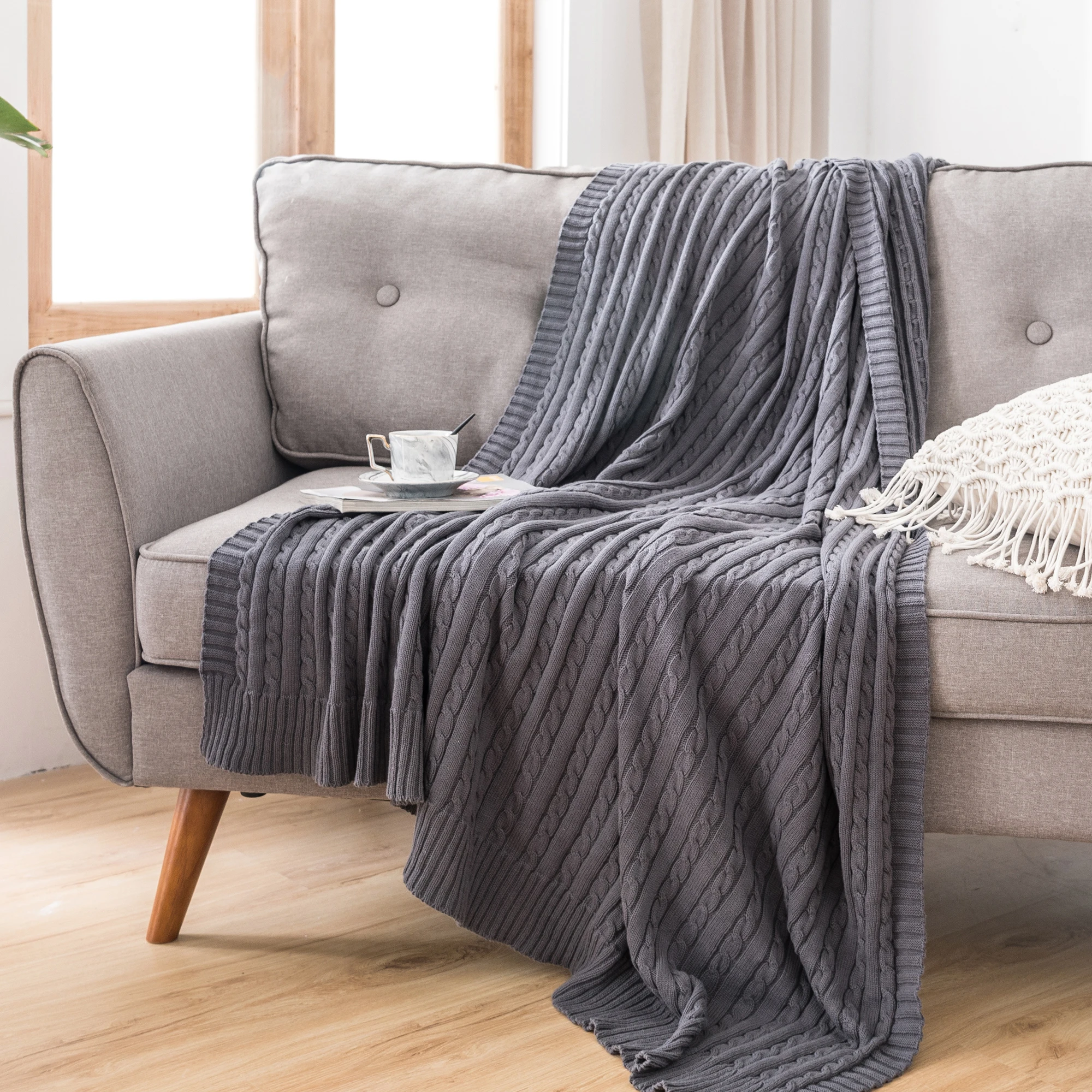 Battilo Cotton Knitted Throw Blanket Soft Cozy Cable Knit Sofa Throws Large Heavyweight Decorative Blanket for Twin Queen Bed