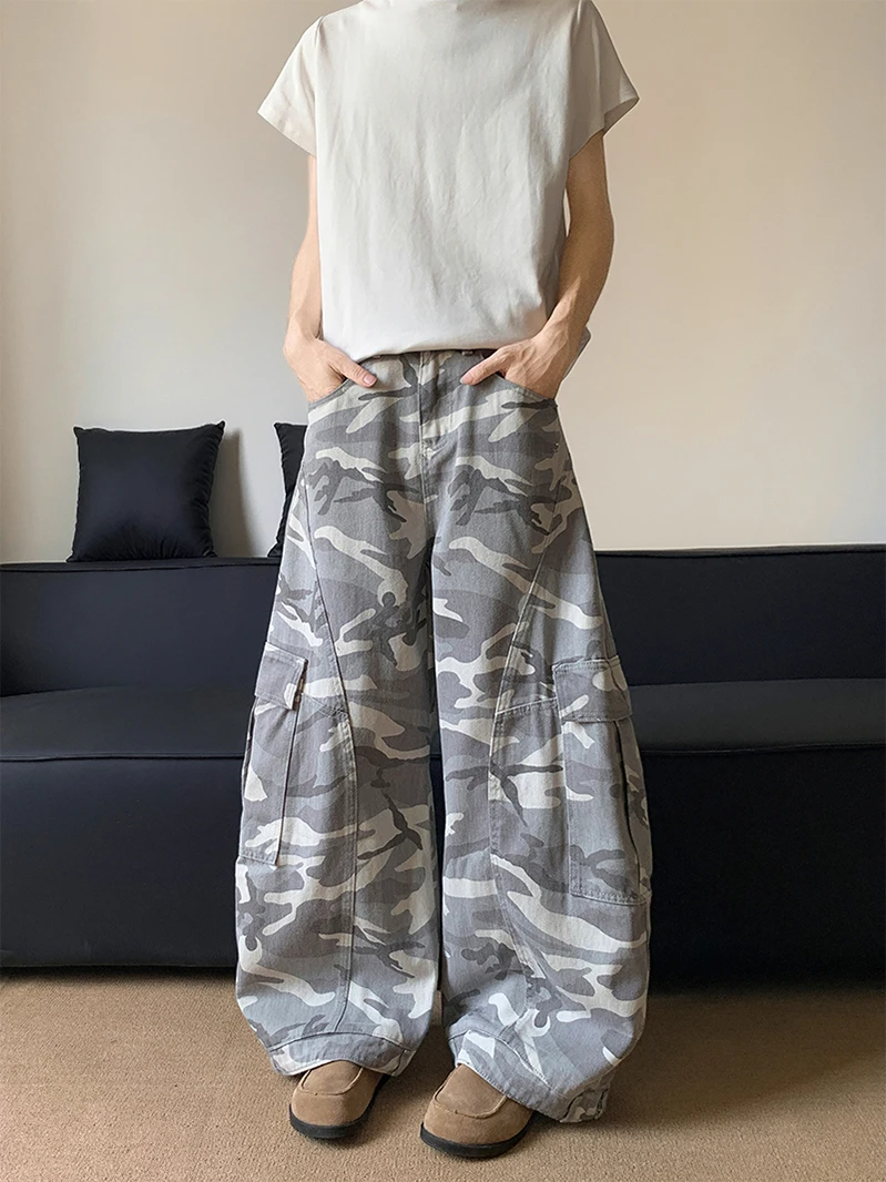 

Камуфляжные широкие джинсы унисекс, повседневные винтажные свободные брюки для пар, рабочая одежда, длинные брюки с эффектом потертости