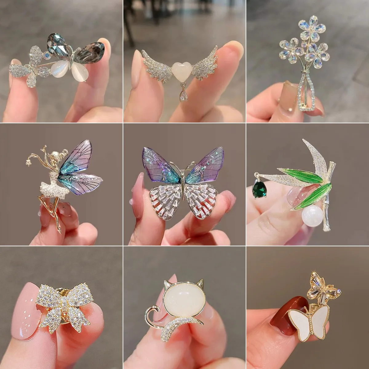 

Elegant Crystal Brooch Pin Butterfly Dragonfly Dancing Girl Heart Wings Flower Vase Bow-knot Cat Bamboo Brooch For Women Jewelry