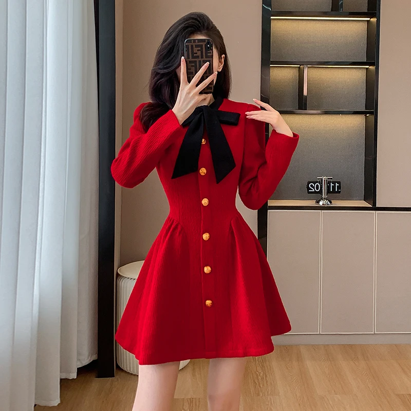 

Fashion Elegant New Luxyry High Quality Red Engagement Dress Women Autumn Long Sleeve Black Bow Party Evening Dresses