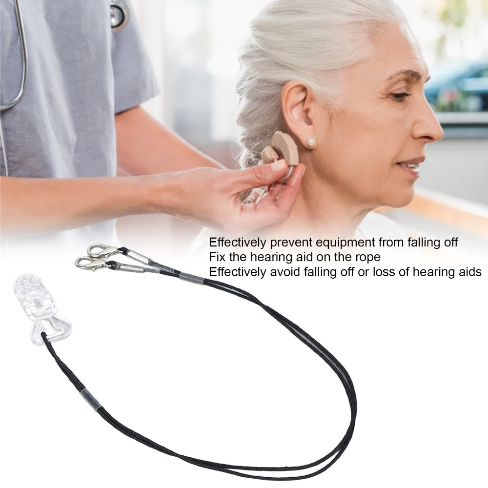 Portable Anti Lost Hearing Aid Lanyard Black Rope Adjustable Hearing Aid Strap Transparent Clip Hearing Aid Holder for Elderly