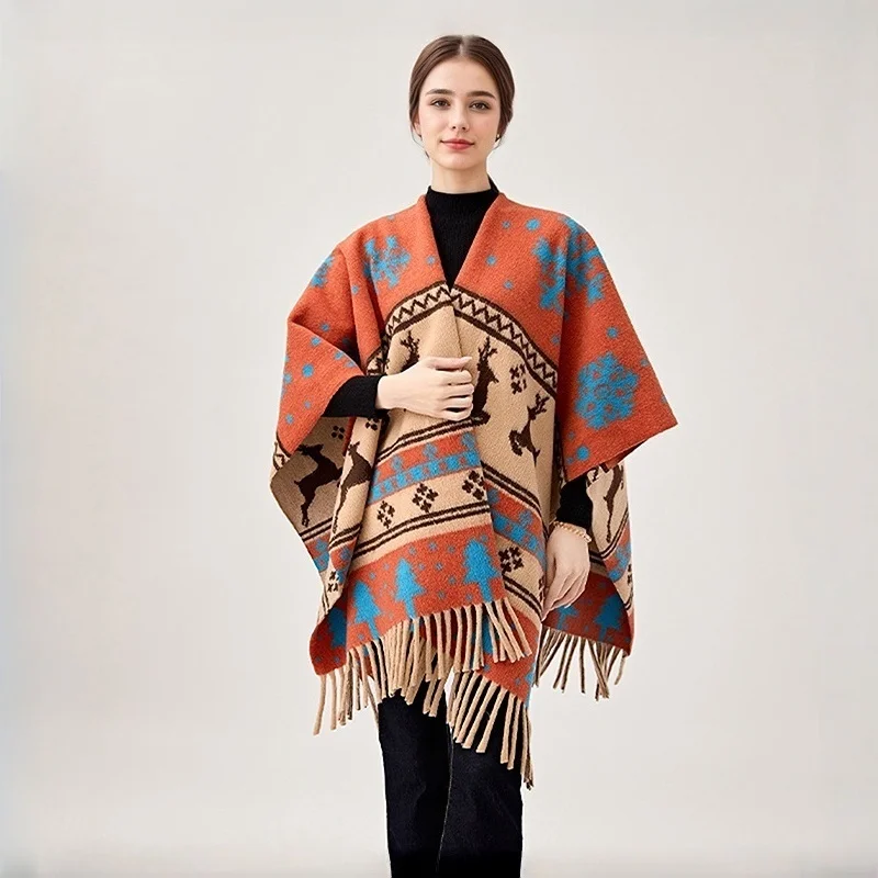 

Утолщенная богемная накидка, женская теплая кашемировая куртка-мантилья с искусственным оленем, жаккардовая куртка, женские осенне-зимние шали, элегантная пашмина