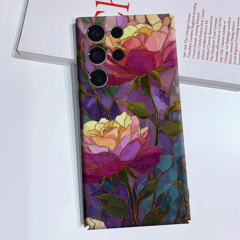 Stained Glass Rose Phone Case for Samsung Galaxy S26 S25 S24 S23 Ultra Plus Luxury Double-layer anti-fall Back Cover