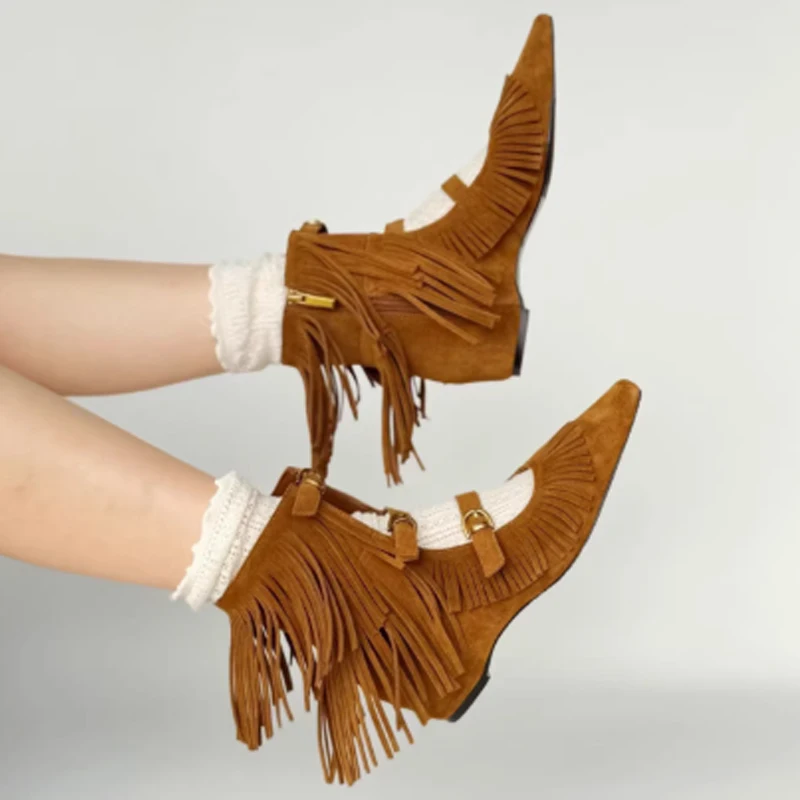 

Women's Brown Suede Pointed Toe Fringe Ankle Boots Multi-Buckle Strap Tassel Flat Boots Bohemian Fashion Shoes for Spring 2026