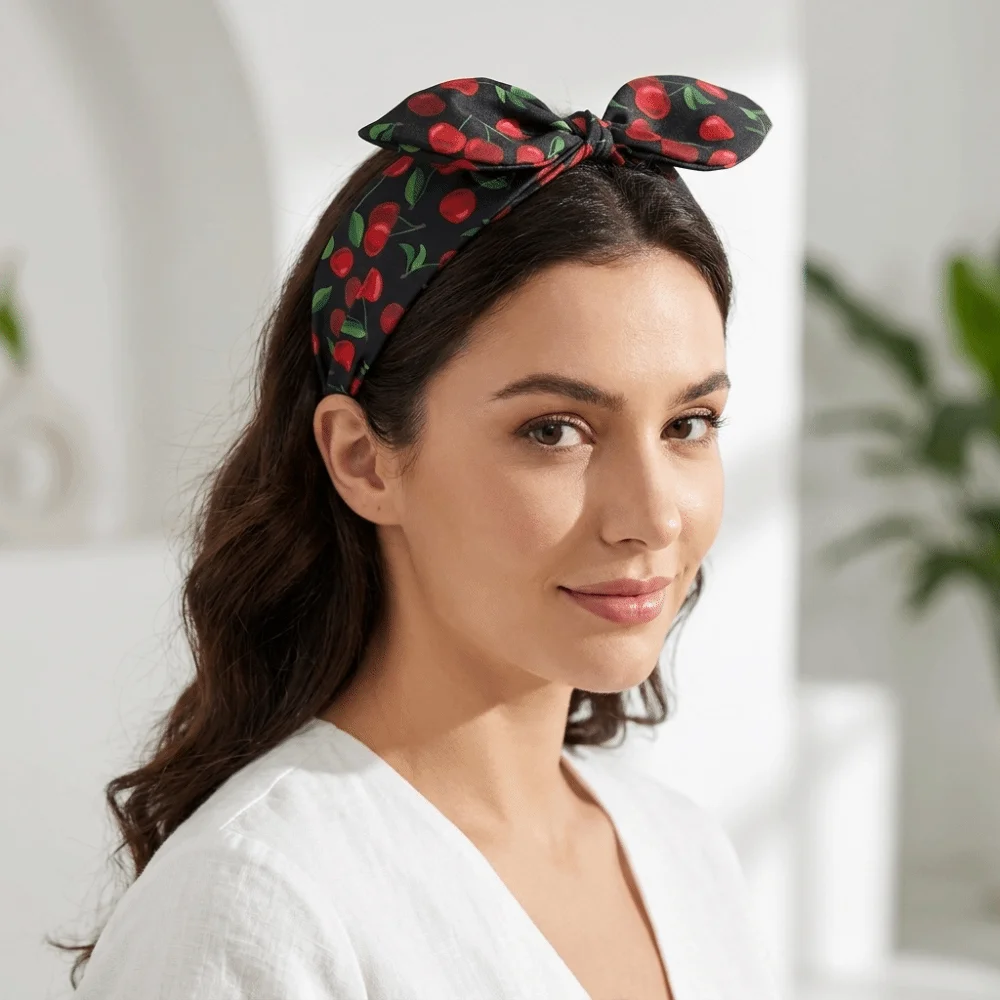 Multicolor Cherry Printed Headband Bow Sweet Rabbit Ear Hairband Polyester Fruit Pattern Hair Styling Tool Makeup Use