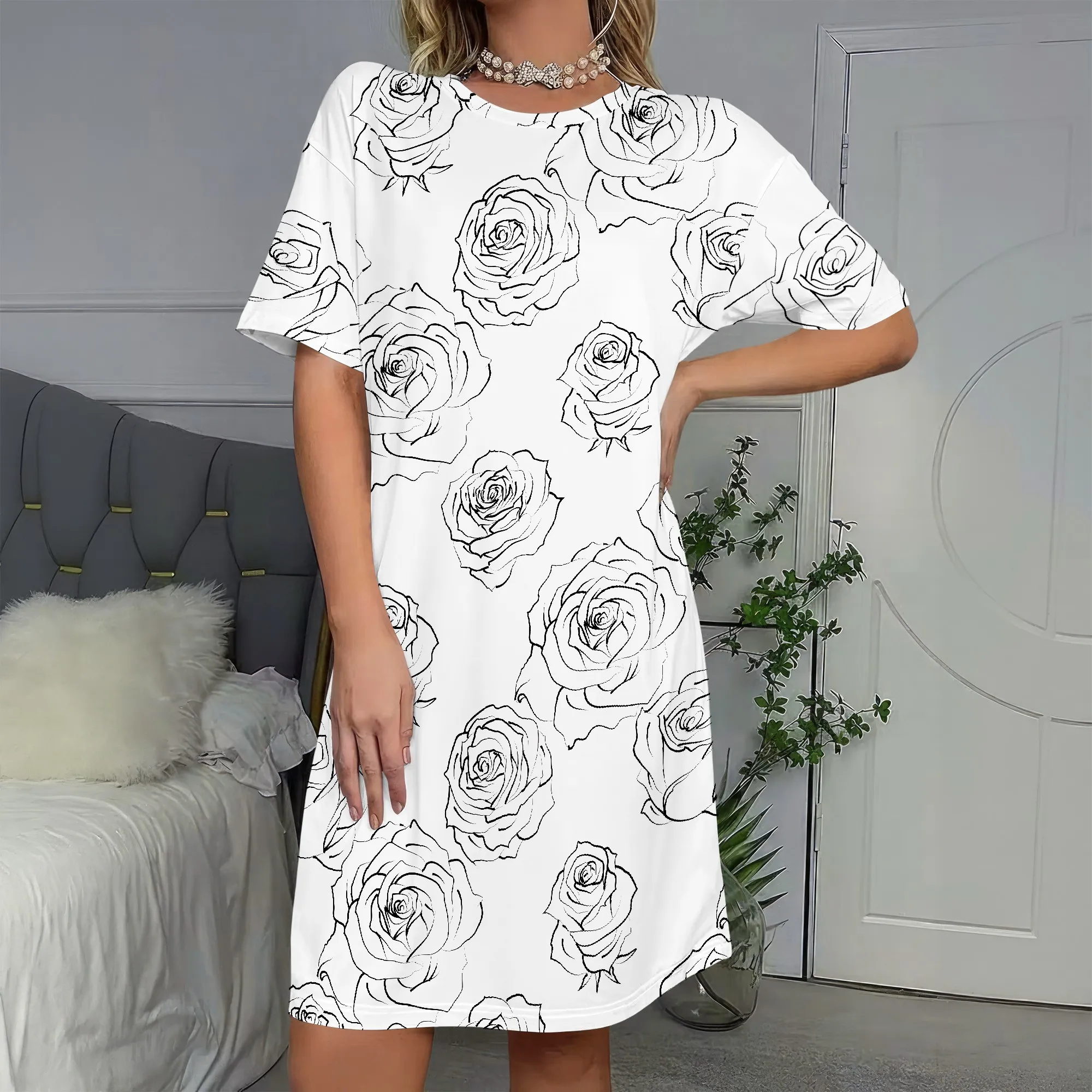 

Rose Print Short Sleeve Dress, Floral T-Shirt Dress, Casual Loose Fit Mini Dress, Women's Summer Daywear, S-2XL