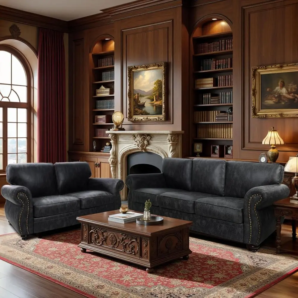 

Vintage-Inspired Grey Sofa Set with Rivet Accents (Loveseat + 3-Seater)