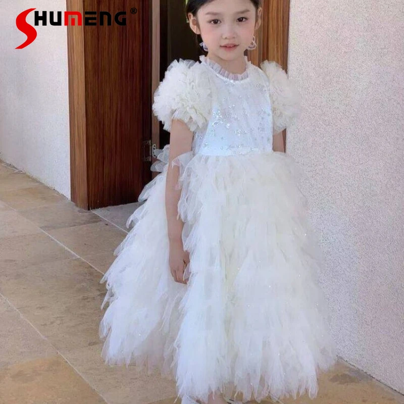 

Детское оригинальное платье-торт с пайетками и сеткой, пышное фатиновое длинное платье принцессы для девочек, для конкурсов фортепиано и дней рождения