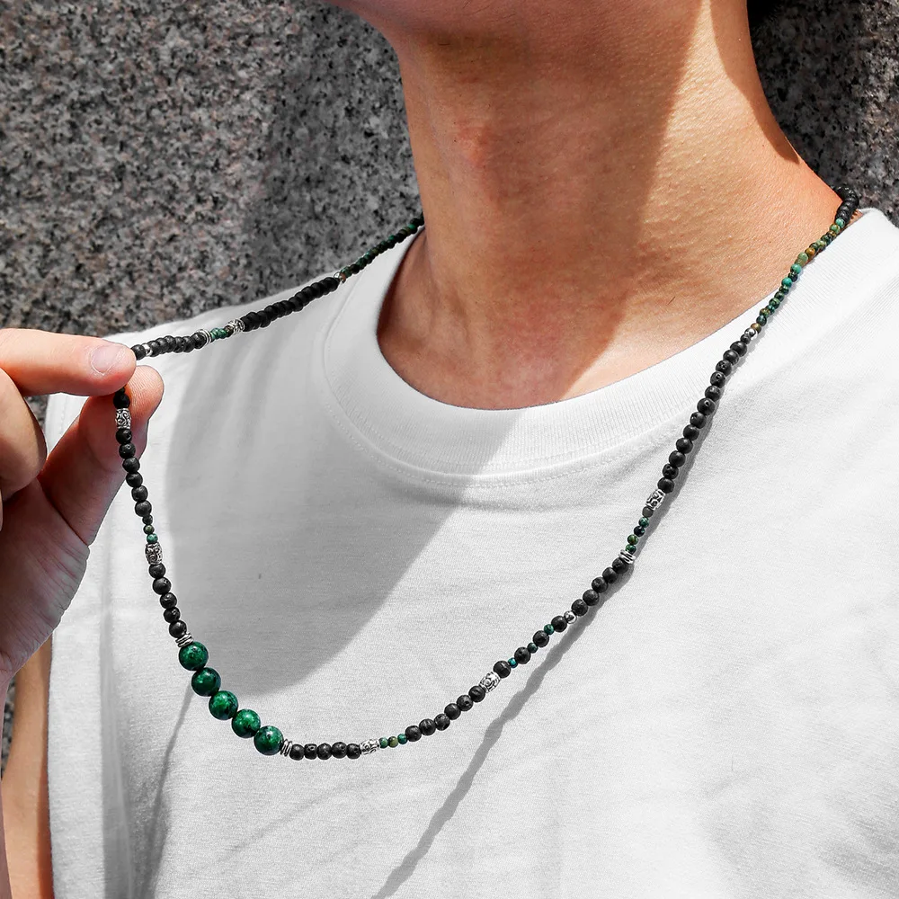 1 قطعة بوهيميا خمر الأسود Lave حجر طويل مطرز قلادة للرجال القبلية العرقية أفريقيا حجر قلادة رجل مجوهرات #4