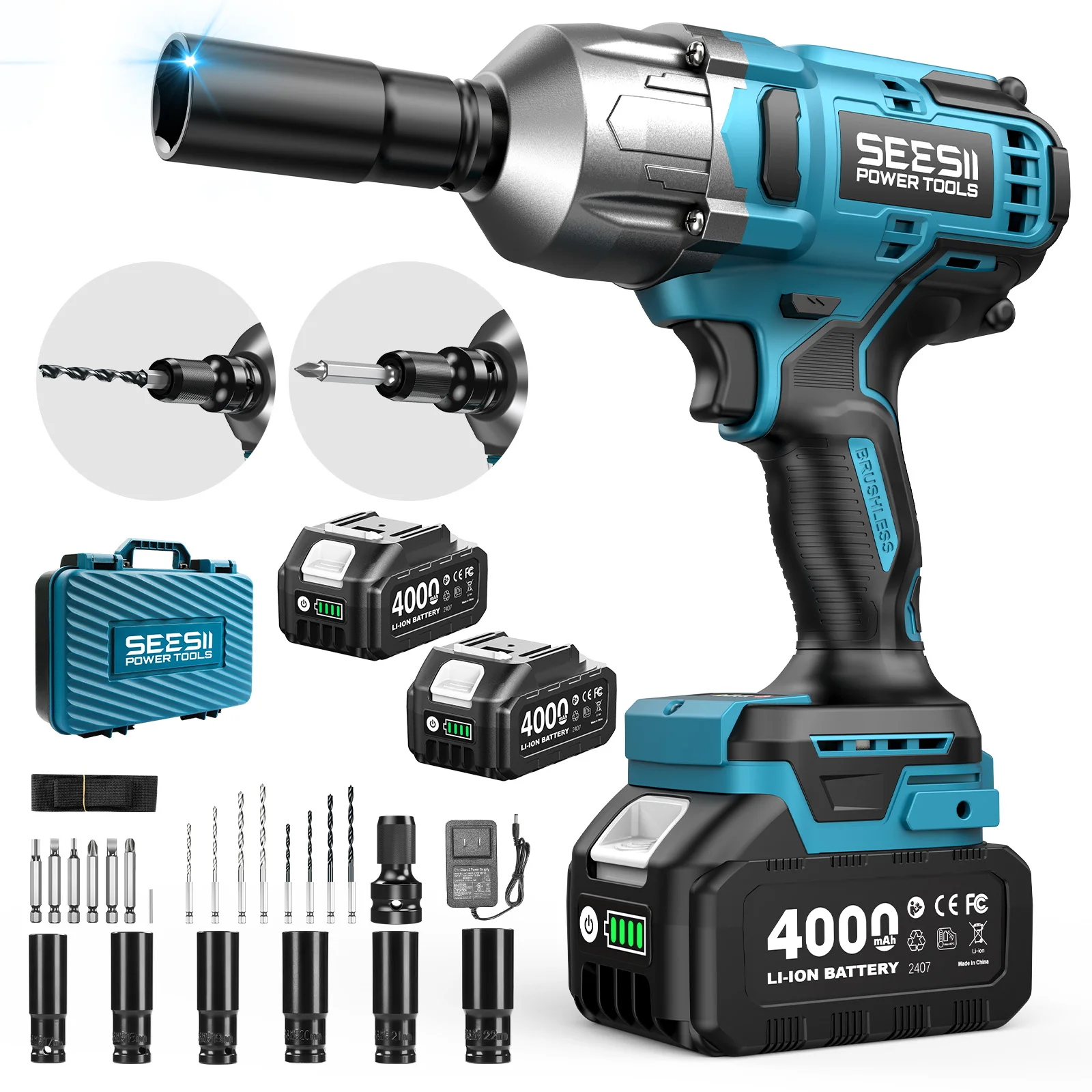 SEESII WH860 3-in-1 1300N.m Impact Wrench & Cordless Drill & Screwdriver 1/2 Inch Brushless Motor Electric Impact Gun Kit Repair Tools With 4000mah Battery LED Light For Car Truck Home DIY