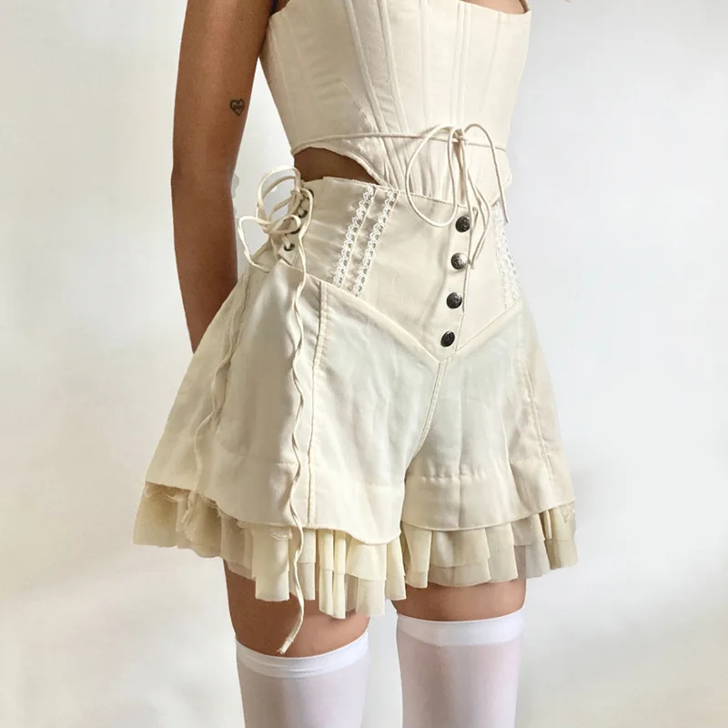 Women's Solid Beige A-line Shorts 2025 New Fashion Lace-up Sweet Ruffles Edge High Waist Lolita Bilateral Tethers Short Pants