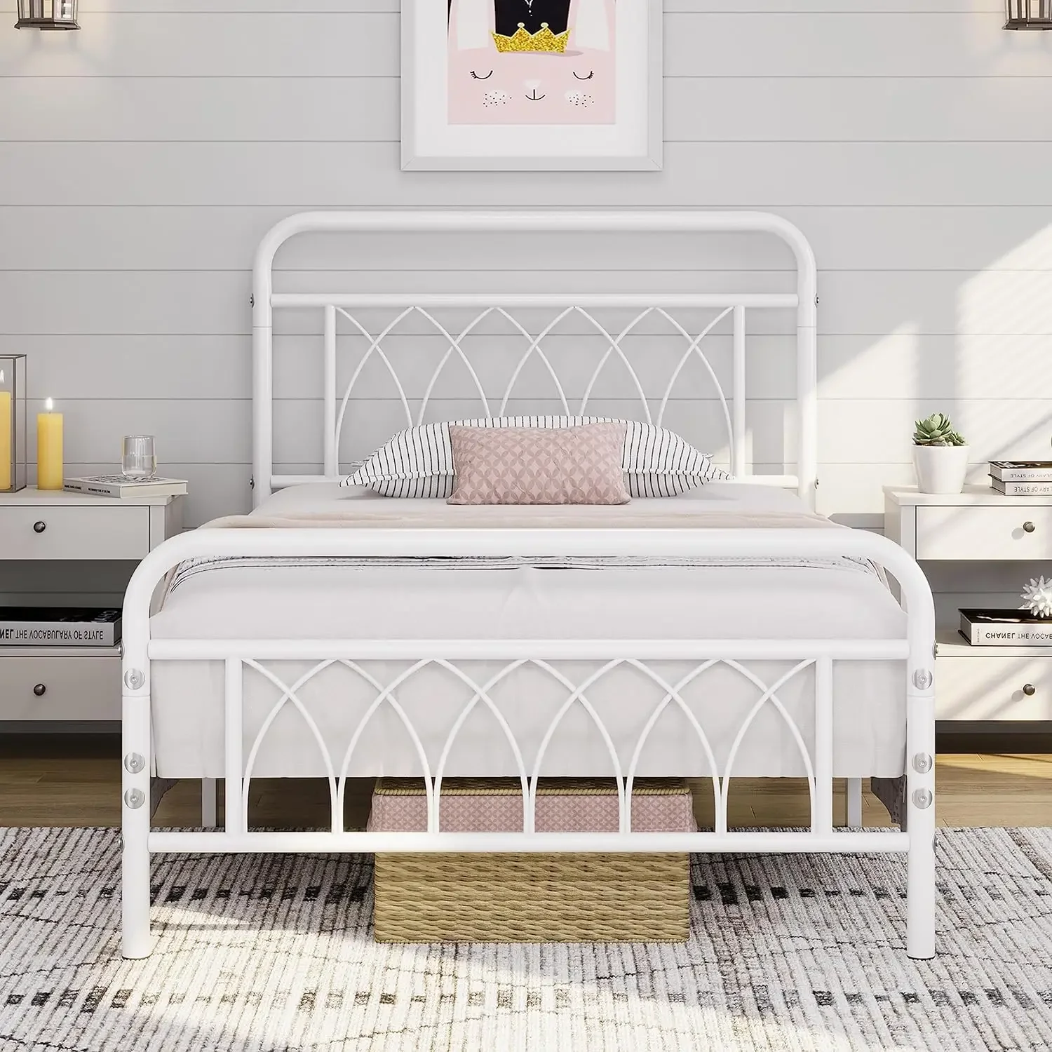 

Twin Bed Frame Metal Platform Bed with Petal Accented Headboard/Footboard/14.4 Inch Under Bed Storage/No Box Spring Needed