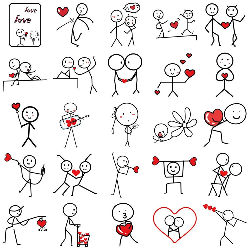 50Pcs Couple Stick Figure Doodle PVC Stickers - Luggage/Water Bottle/Bike Decor - Waterproof Self-Adhesive