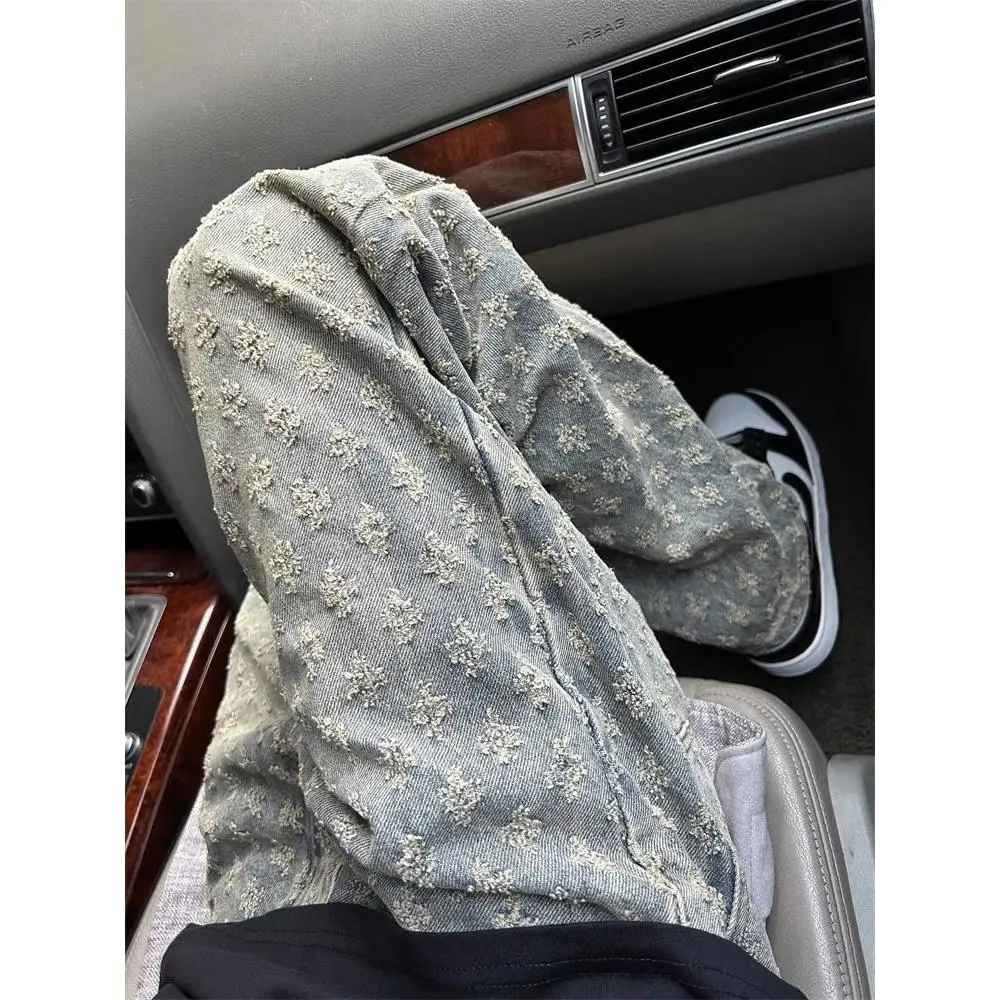 

Washed Denim Wide Leg Jeans Retro Hole High Street Trend Brand Ins Design Loose Straight Vintage Floral Print Casual Trousers