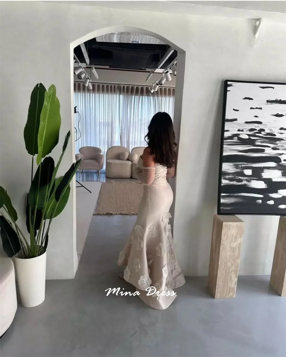 Mina 맞춤형 백리스 아랍어 이브닝 드레스 럭셔리 파티 드레스 Piglet Breast Sequin Flowers 2025 특별 행사를위한 드레스