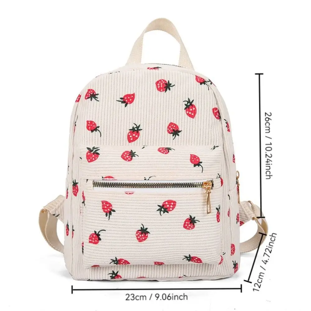 Corduroy Strawberry Backpack Casual Travel Backpack Large Capacity Daily Rucksack Multi-pockets Adjustable Strap for Women Girls