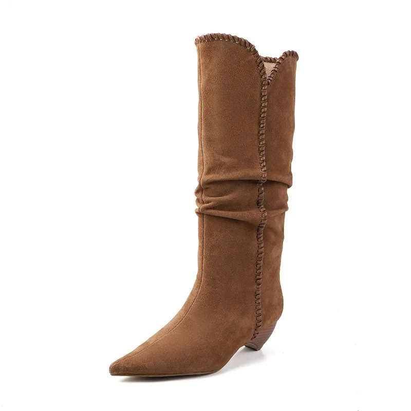 Arden Furtado Autumn Cow Suede Pleated Western Boots Pointed Toe Pull-On Middle Heel Sewing Knee High Boots Large Size Boots