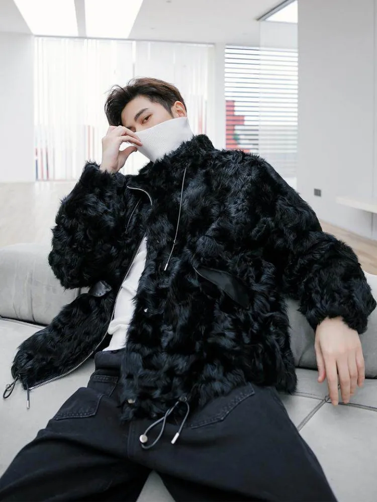 Designer Mens Luxury Fashion Real Fur High Quality New Winter Stand Collar Real Wool Jacket Casual Black Shearling Outerwear Men