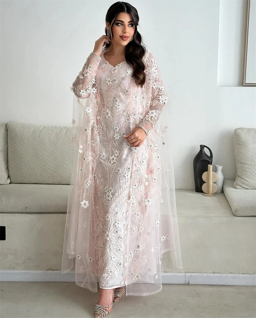 Spitze Perlen Lange Ärmel Maßgeschneidertes Anlasskleid Abendkleider Pastrol Unisex Jersey Retro Dubai Saudi Arabisch Abschlussball Maßgeschneidert