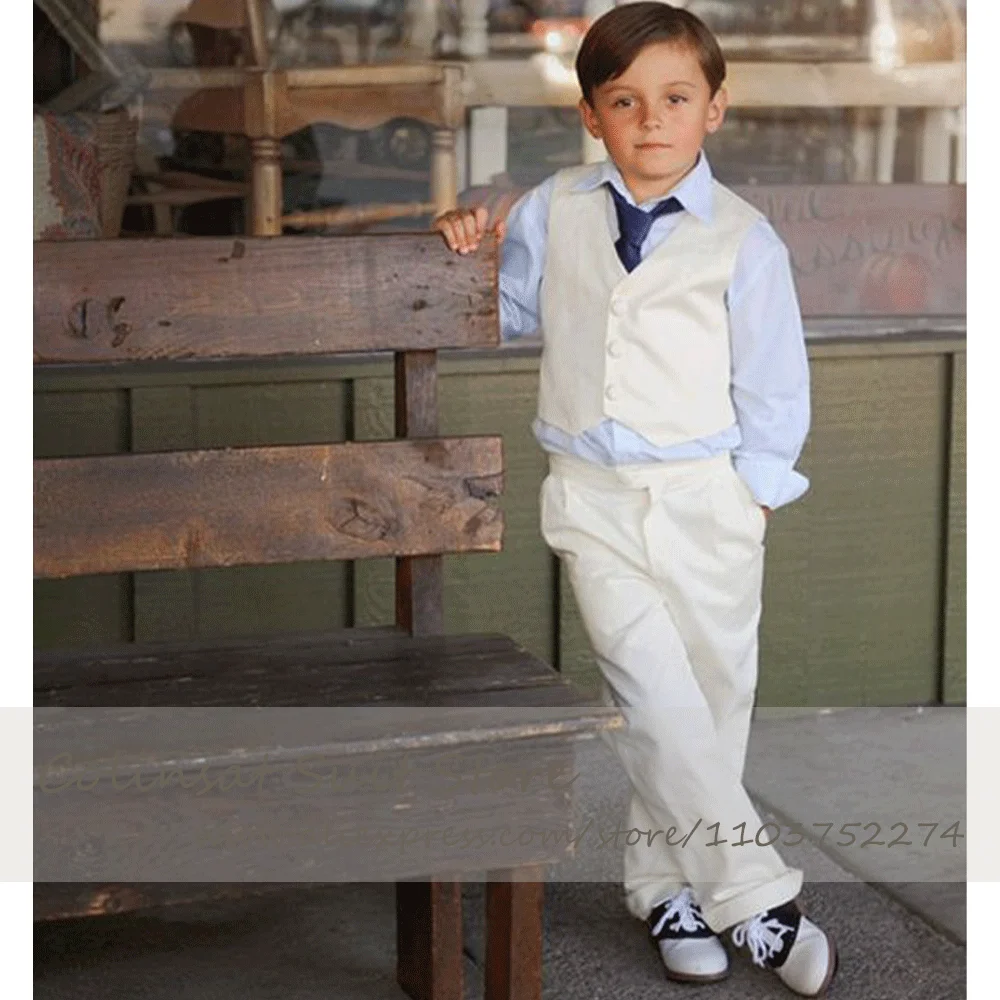 White Boy Suit Set 2 Pieces Stain Gorgeous Elegant Vest Waistcoat Pants Ring Bearer Tuxedo for Wedding Guest Boys Kids Costume