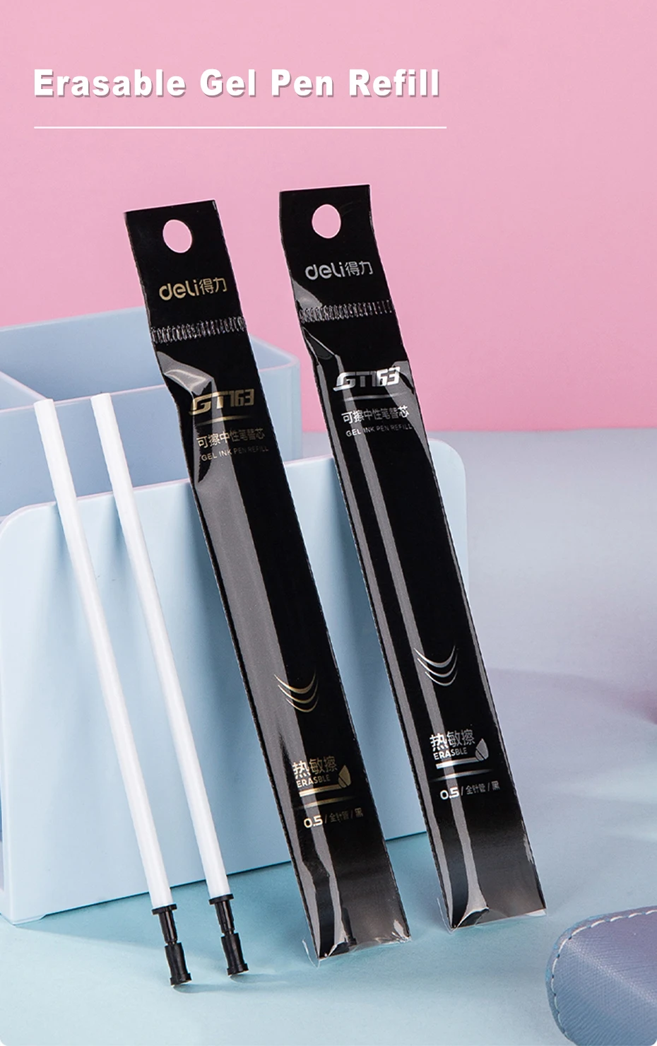 Deli löschbarer Gelstift, 0,5 mm, poröse Spitze, schwarze/blaue Tinte mit wärmeempfindlichen, löschbaren Radiergummis, nachfüllbarer Schreibstift für Kinder – Detail 14