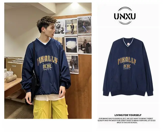 

Свободная толстовка в американском ретро-стиле с V-образным вырезом и длинными рукавами, парная верхняя одежда, вышитая толстовка оверсайз, осенний топ для мужчин и женщин