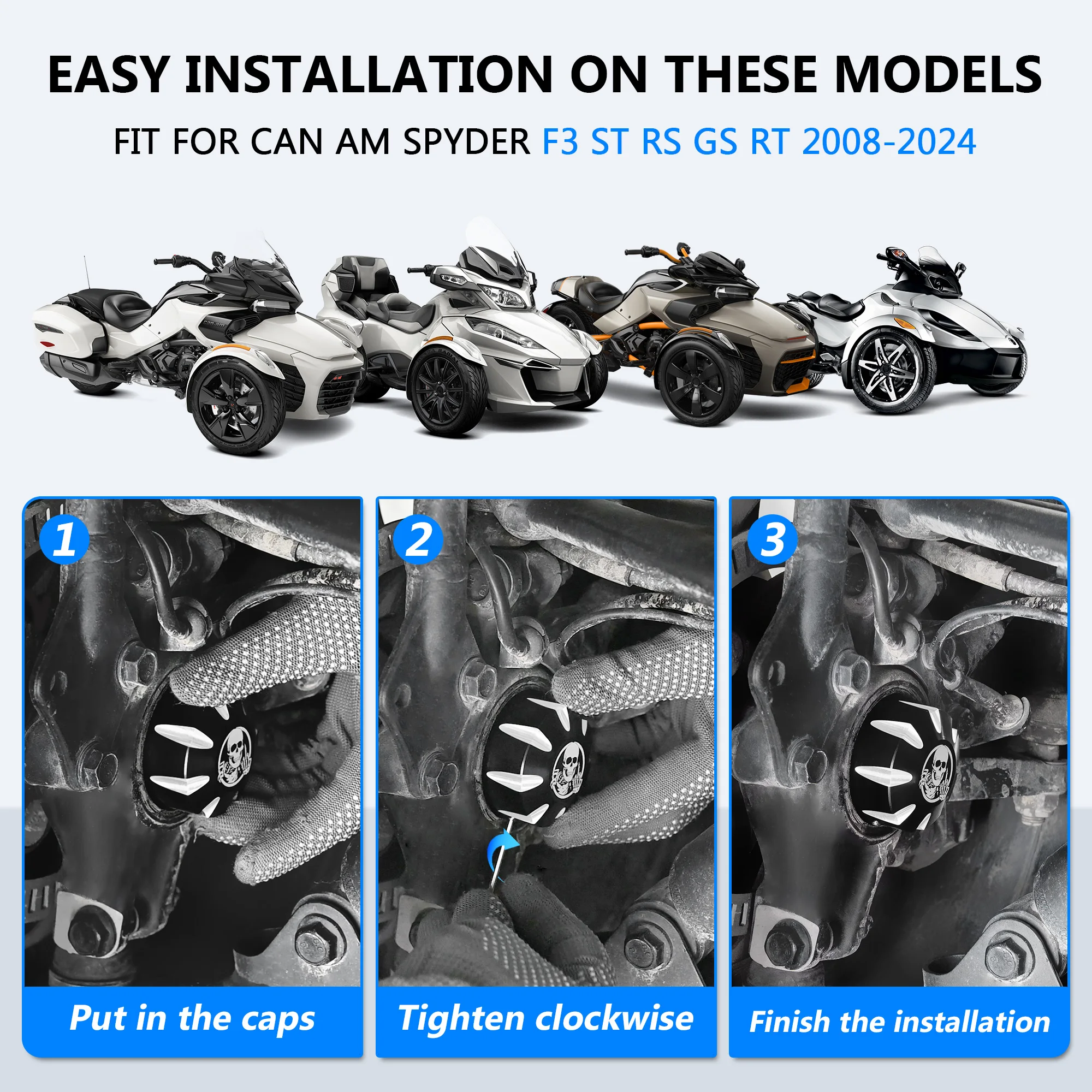Attractive 3D Skull Pattern Front Axle Nut Covers for Can-Am Spyder GS/RS/RT/ST/F3 (2008-2024) – Billet Aluminum Axle Caps