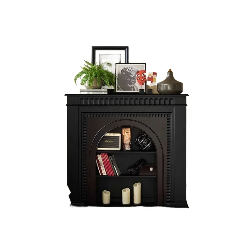 

French retro solid wood fireplace black decorative cabinet, American living room entrance display cabinet