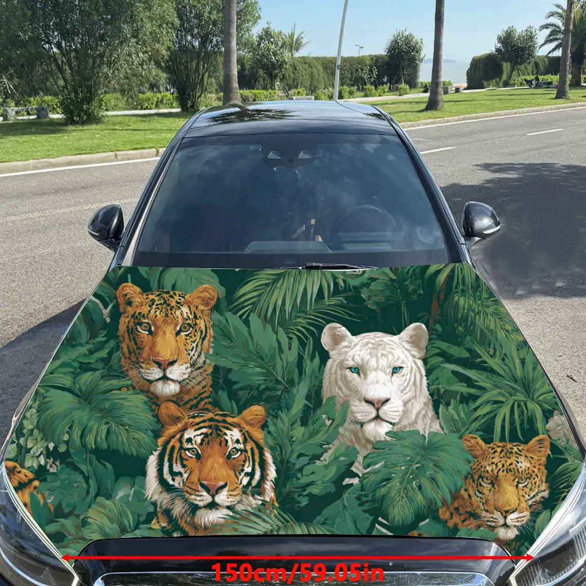 Car Decal Tigers and Bear in Artistic Foliage Background with Textural Animal and Plant Elements & Wild-Dense Visual Details Car