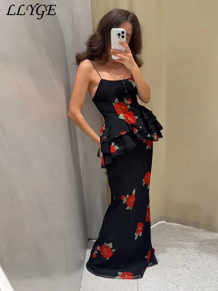 

Sexy Women's Printed Sling Vest Long Skirt Set Ruffles Sleeveless Backless Hip Package Straight Skirts 2025 Summer Street Suit