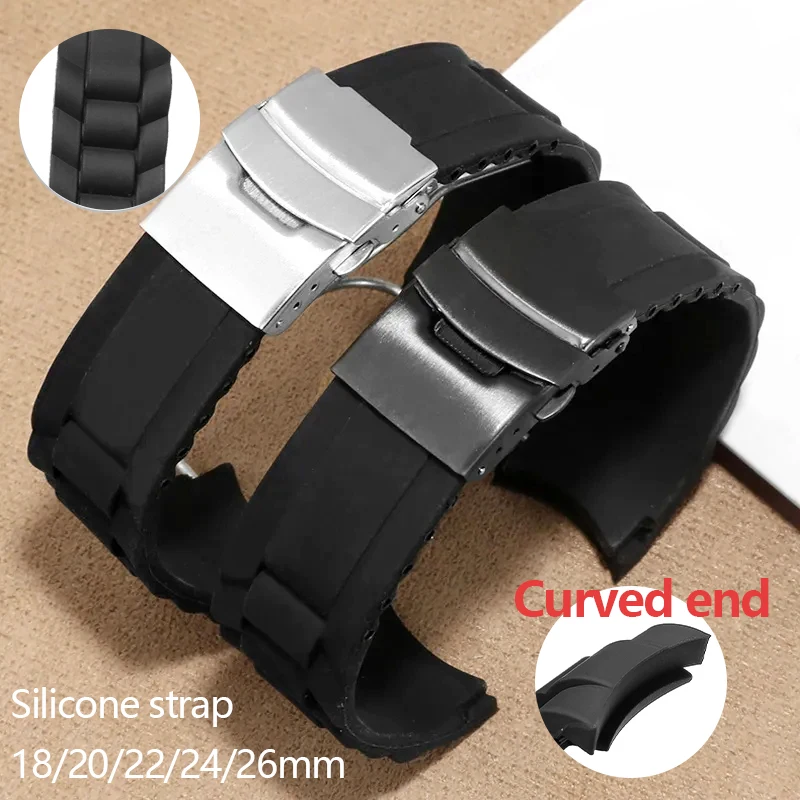 Universal Arc End Wrist Strap for Rolex Waterproof Silicone Bracelet for Seiko Folding Buckle Black Watchband Straps Accessories