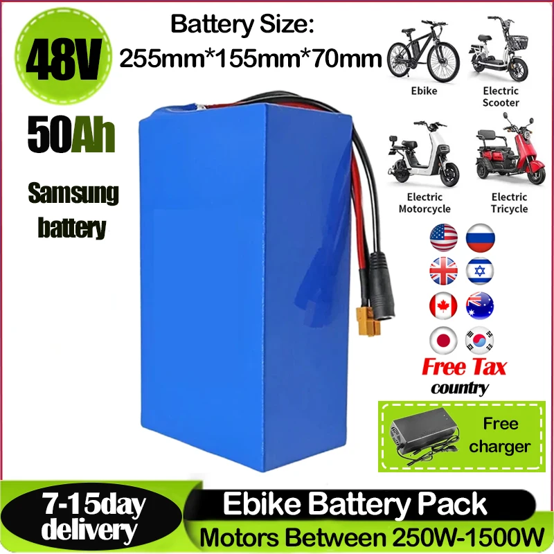 Original Ebike Battery 48V 50AH 45A BMS 18650 Cell 25Ah 30Ah Lithium Pack 48V 500W 750W 1000W For EBike Bicycle Electric Scooter