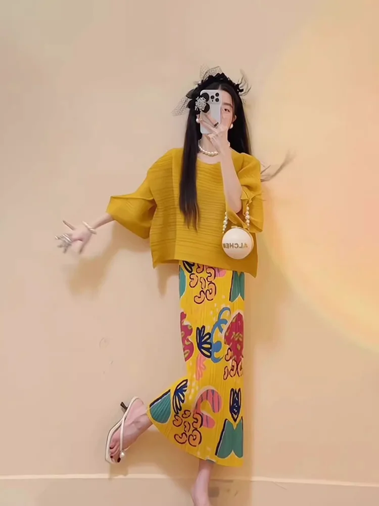 Jupe d'été en soie glacée pour femmes, demi-jupe plissée avec graffitis de dessin animé, Style fin, vacances, une pièce, fleur de plage, SK051