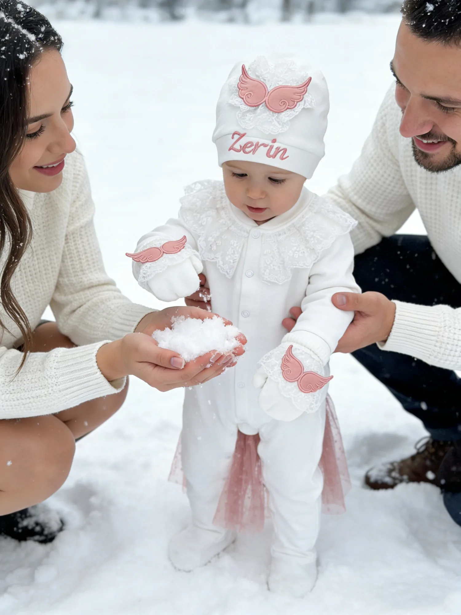 Newborn Girl Angel Gift Set- Onesie Hat Mittens with Zerin Name & Angel Wings Details