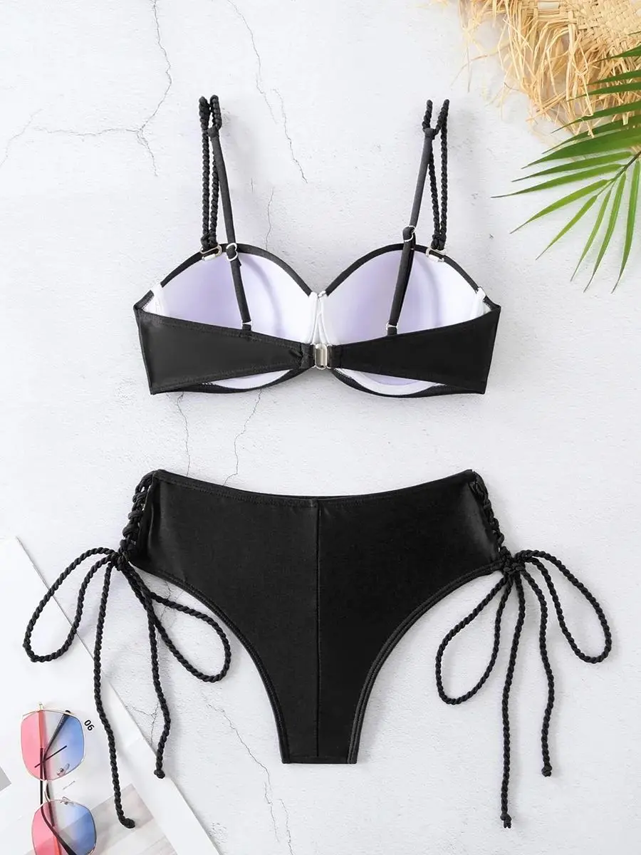 Sexy bikini zestawy Push Up damski strój kąpielowy strona krawatowa stringi w stylu Vintage solidny strój kąpielowy z miseczkami na piersi letni