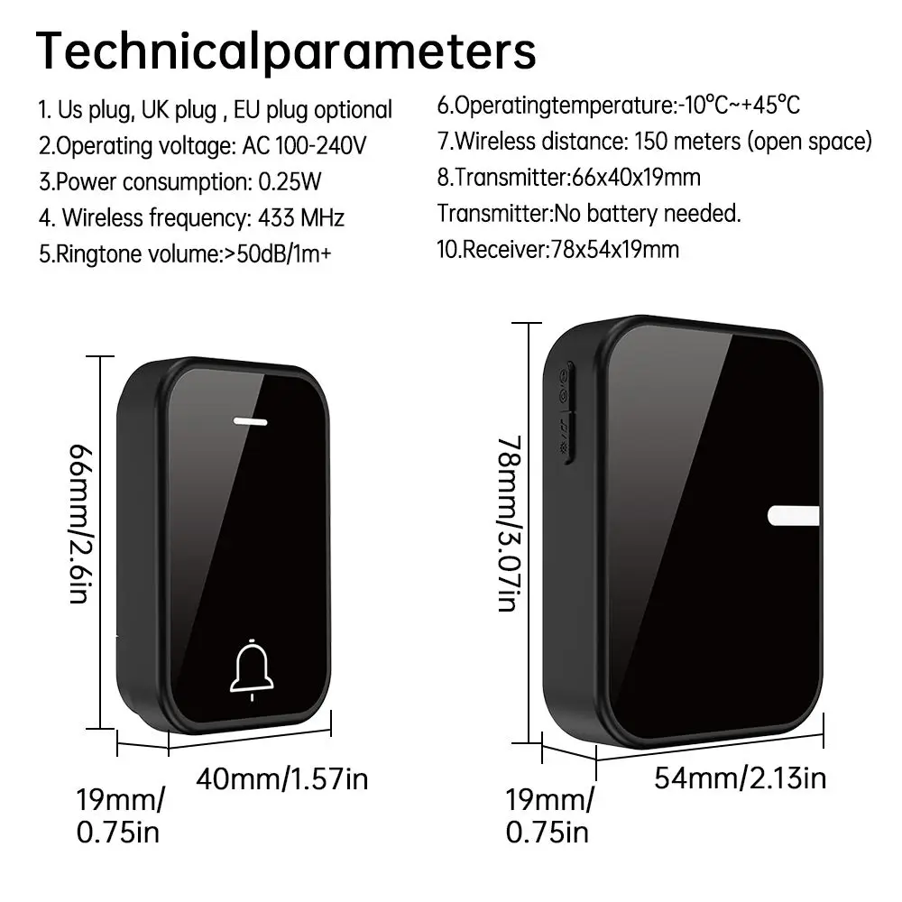 Campanello wireless certificato SIXWGH di nero Avviso impermeabile senza batteria per kit da 1 a 2 appartamenti, uffici e camere d'albergo