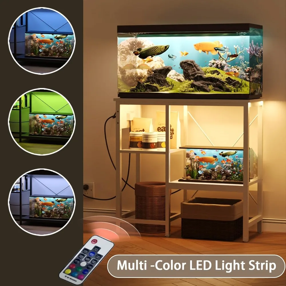 20-29 Gallon Fish Tank Stand with Power Outlet & LED Light, 3 Tier Adjustable Shelves, 30.7" L x 13.8" W, White - view 2