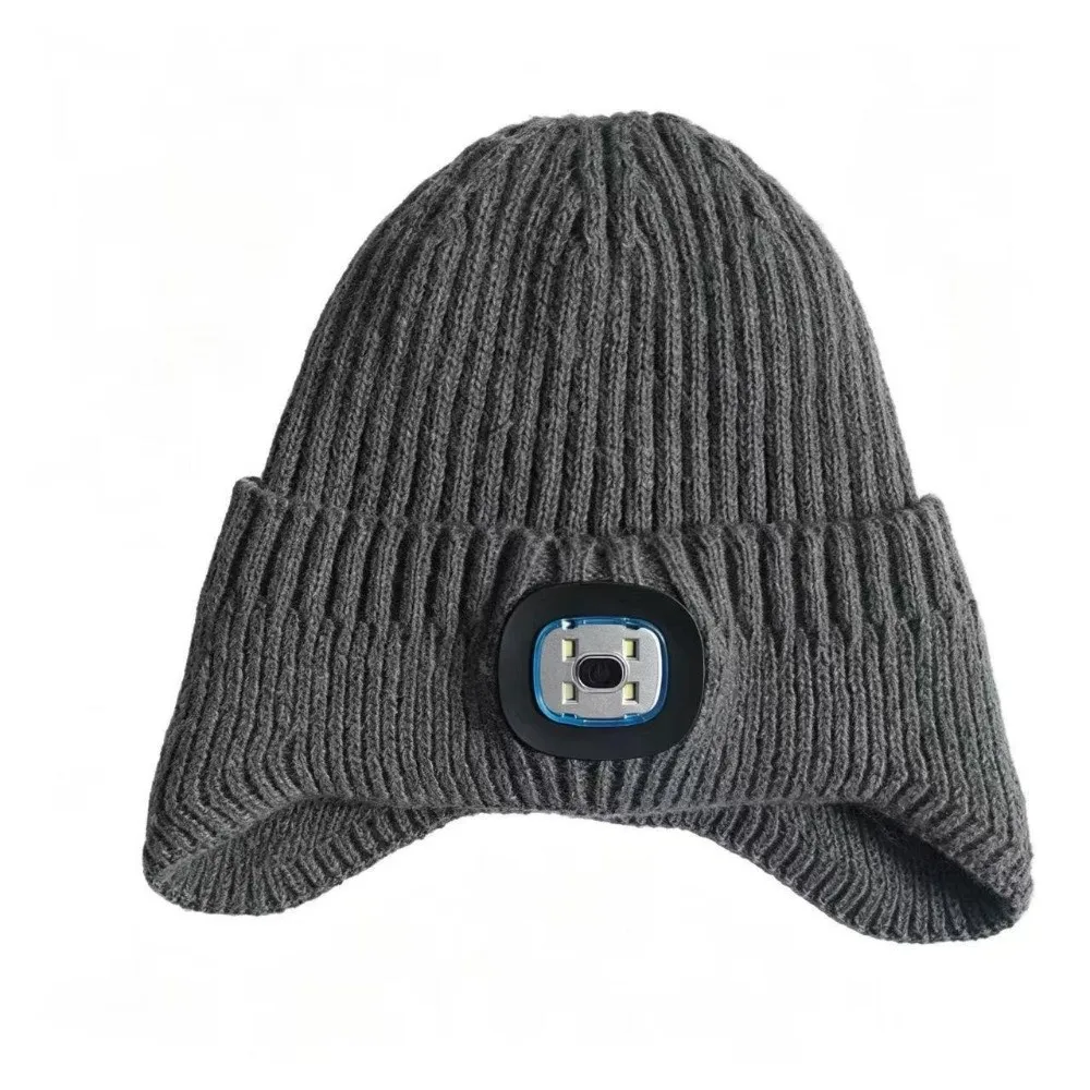 Rechargeable LED Light Beanie Three Brightness Levels White LED Light Lighted Beanie Hat Knitted Warm and Elastic