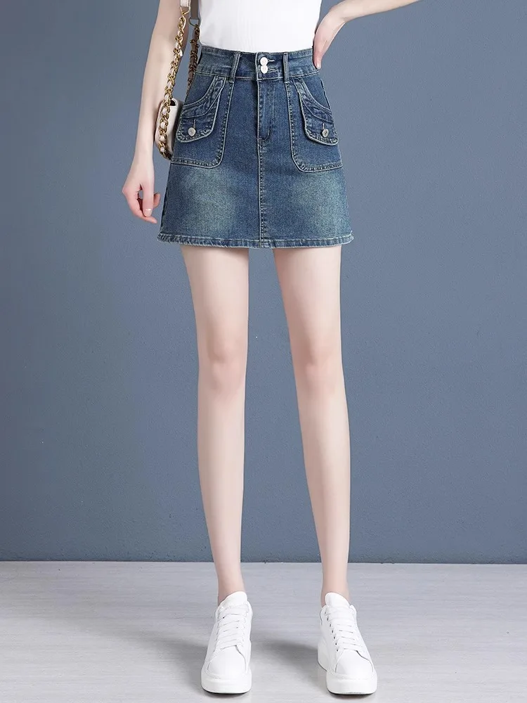 

Ретро джинсовая юбка для женщин больших размеров в американском стиле, облегающая короткая юбка с высокой талией, эластичная, тонкая, А-силуэт, с защитой от просвечивания