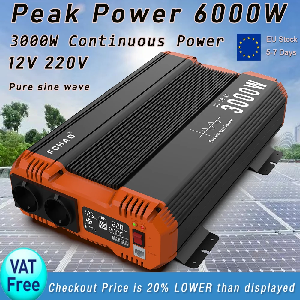 

Fchao Inverter car 12V 220V, 3000W Continuous Power Pure Sine Wave Car inverter, LCD Display, Remote Control for Home and RVs