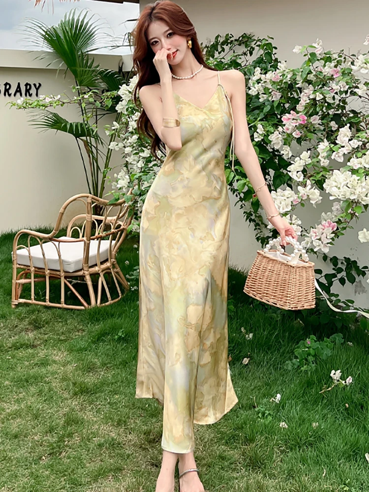 2026 Print Satin Chic Sling Sexy Long Dress Summer Elegant Luxury Ruffled Dance Party Dress Women Korean Bodycon Evening Dresses