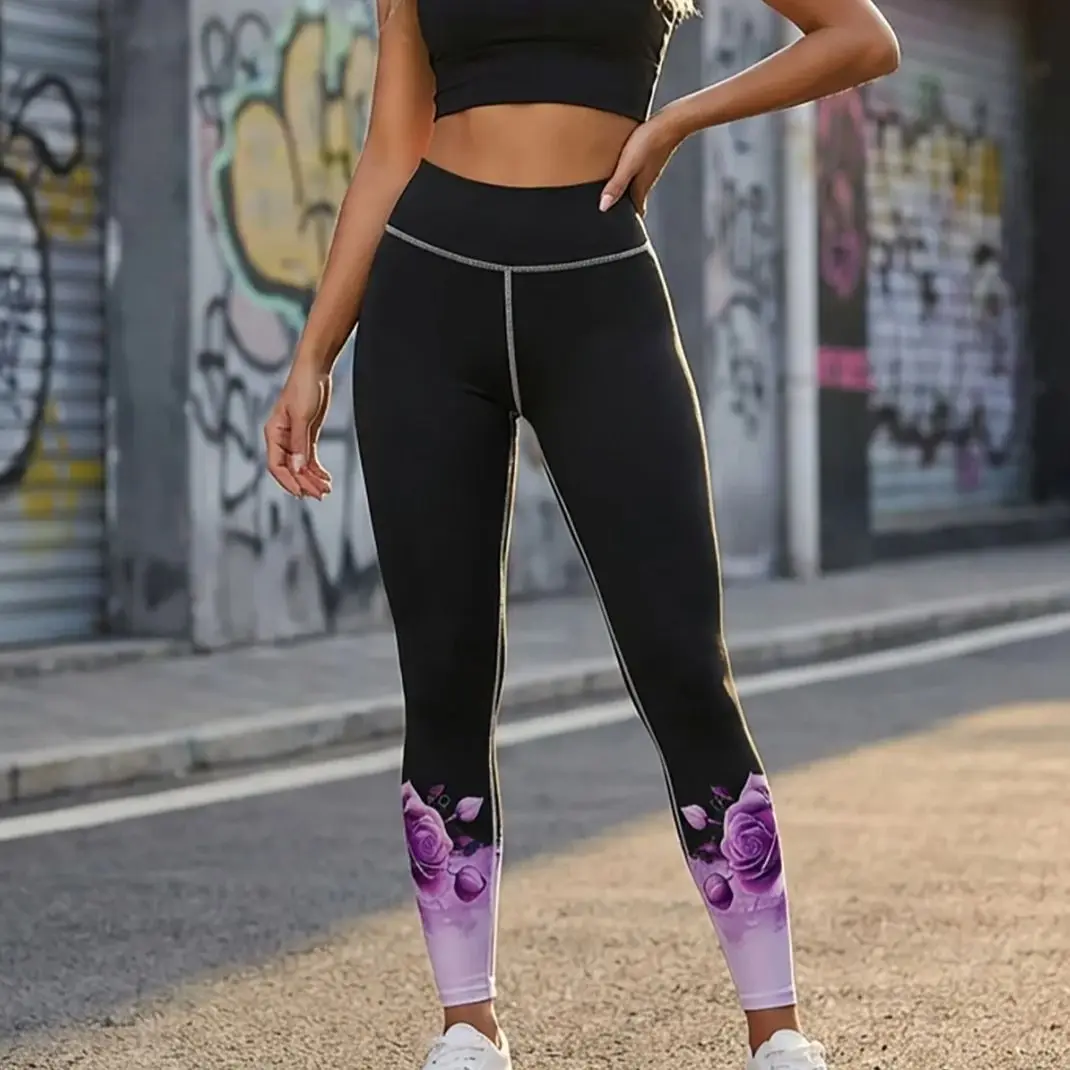 

Женские брюки для йоги с черной основой и фиолетовым градиентным принтом на краю, с высокой талией, эластичные, быстросохнущие, спортивные леггинсы, для спортзала.